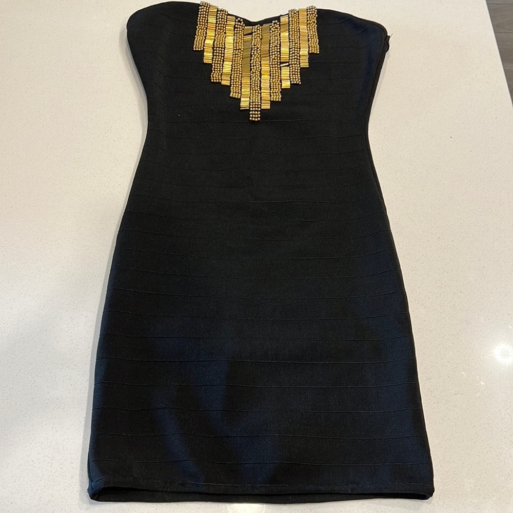 2B bebe black dress with gold accents